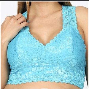 Turquoise lace plus-size bralette.